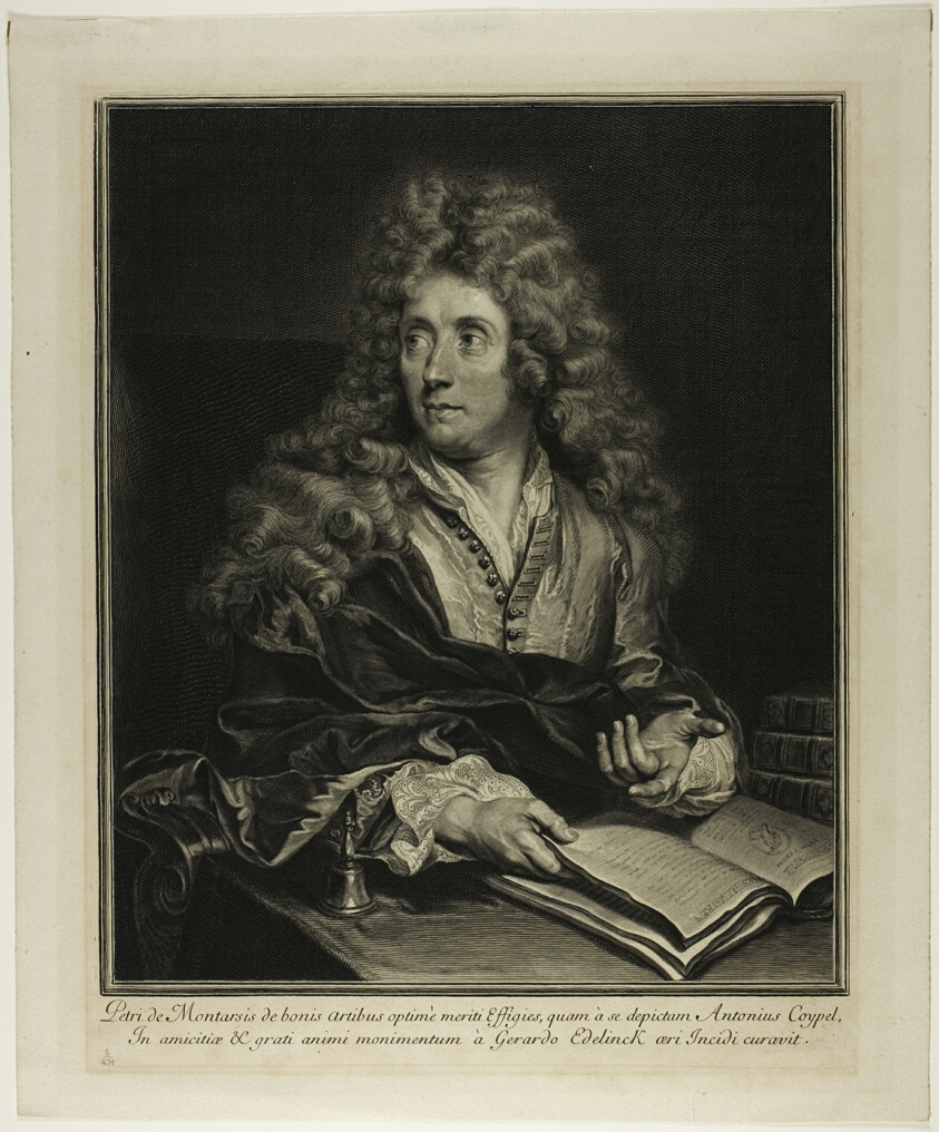 Engraved portrait of a light-skinned man with long, curly hair looking left with wide eyes and paging through a book.