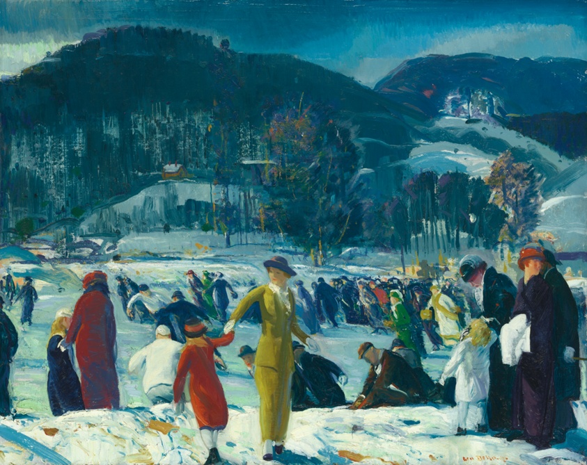 Painting of a crowd of well-dressed light-skinned people in an open, snowy field surrounded by large rolling hills. At center a woman in a bright-yellow coat and skirt holds the hand of a child in red, who pulls to turn her toward the others.