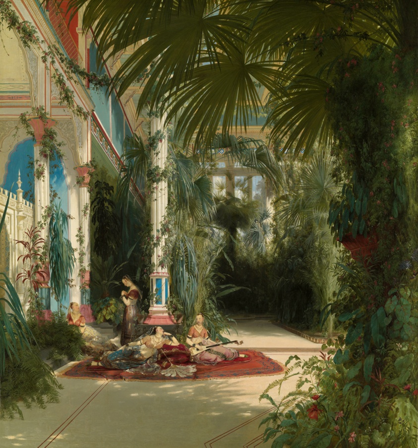 Four women with musical instruments lounge in a massive garden courtyard.