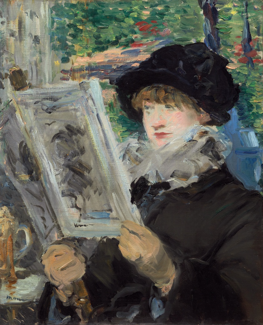 A young woman in a dark hat and coat with light ruffled collar sits reading a large periodical held up in her gloved hands. Flowers and foliage are suggested behind her.
