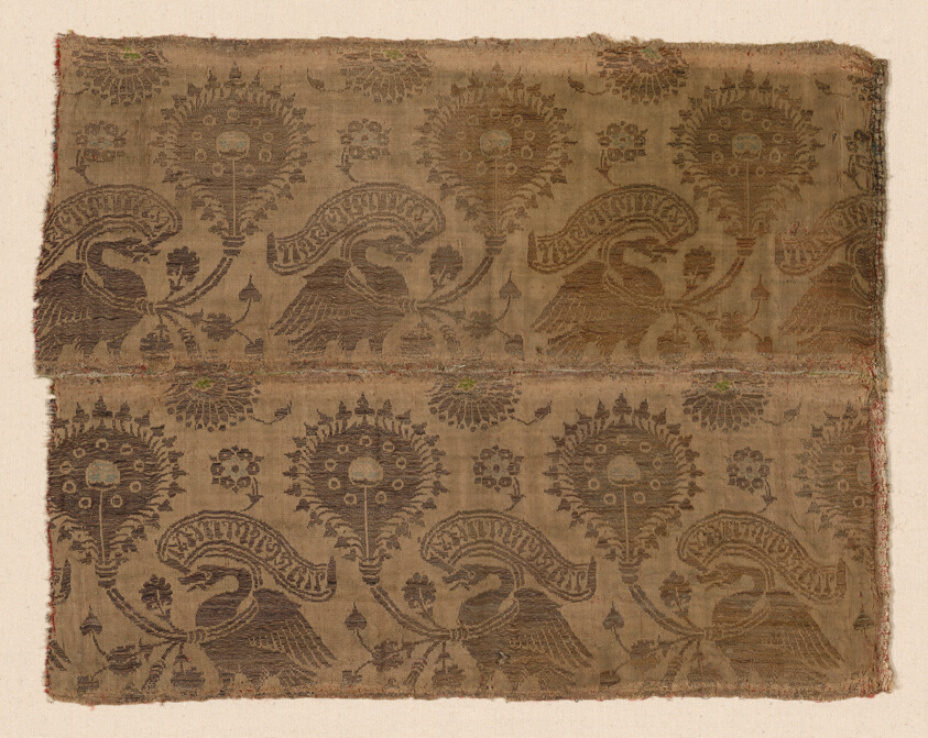 A work made of silk and gilt-animal-substrate-wrapped linen, warp-float faced 3:1 twill weave with supplementary patterning wefts bound by secondary binding warps in (weft-float faced 1:3) twill interlacings (on reverse face secondary binding warps and supplementary wefts form detached interlacing).