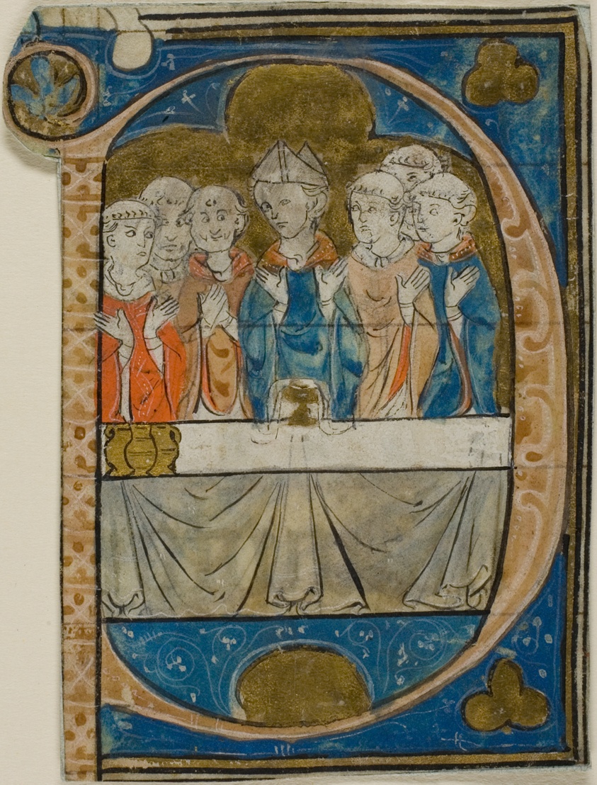 Inside the form of a letter D are seven men in red and blue robes, one with a triangular hat, at a long table covered in white cloth.