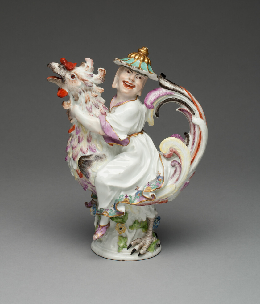 Porcelain vessel of woman riding rooster with elaborate plumage.