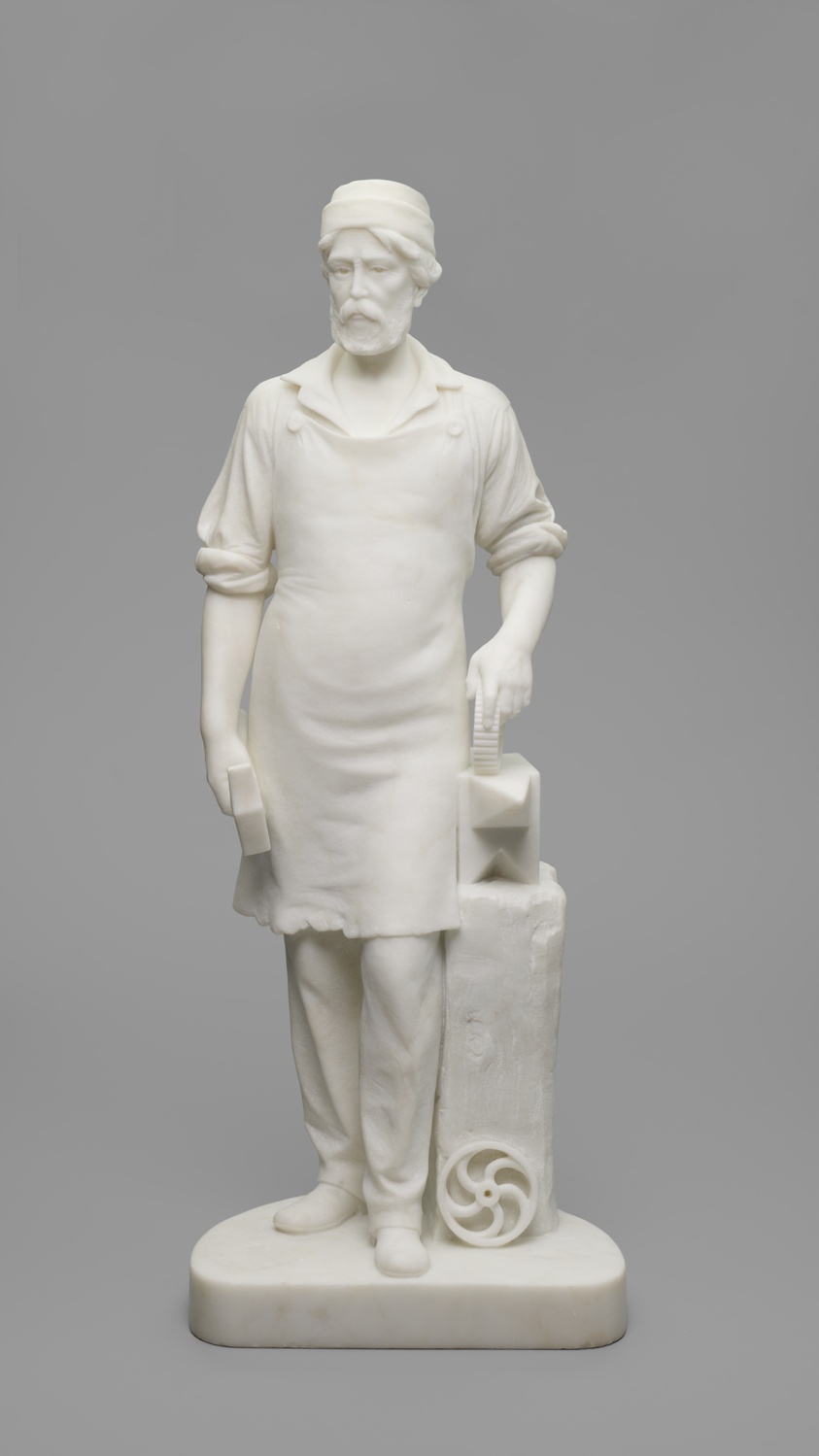 White marble statue of machinist with hammer, anvil, and cogs.