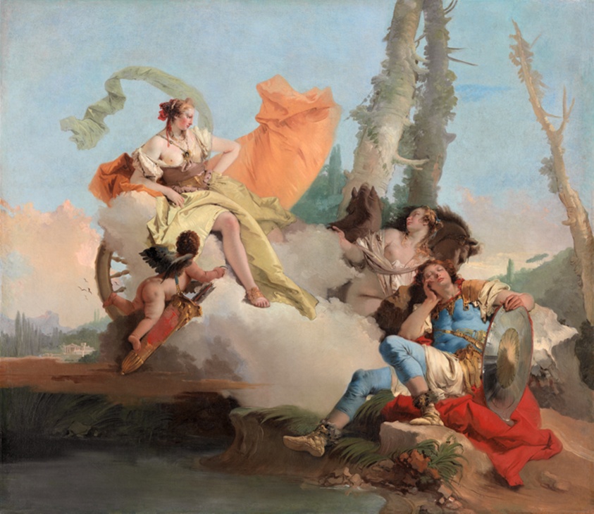 Large painting of soldier asleep outdoors surrounded by two women and a cupid.