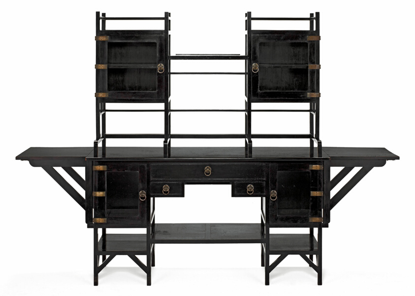 Black wood sideboard with skinny poles holding cabinets, brass trim.