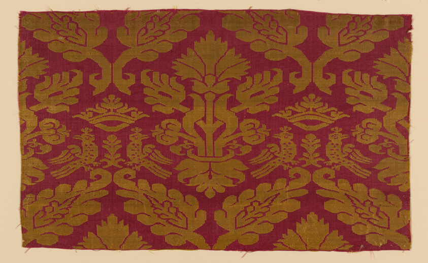 A work made of silk, plain weave with plain interlacings of secondary binding warps and supplementary patterning wefts.