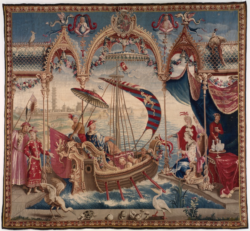 Large tapestry depicts Chinese emperor heading to sea in opulent ceremony.