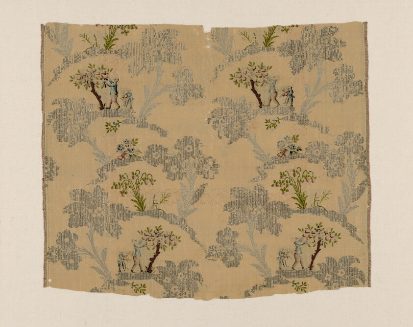 A work made of silk, silvered-metal strips, and silvered-metal-strip-wrapped silk, weft-rib plain weave with supplementary brocading wefts and patterning wefts.