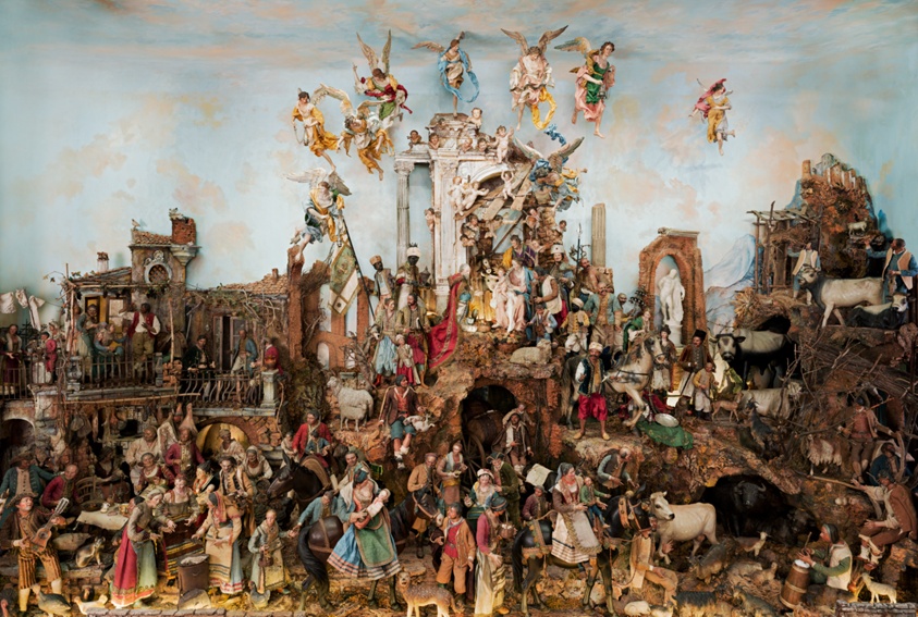 A work made of mixed media including cloth, cork, gouache, metal, moss, papier-mâché, polychrome, terracotta, straw, watercolor, wax, and wood.