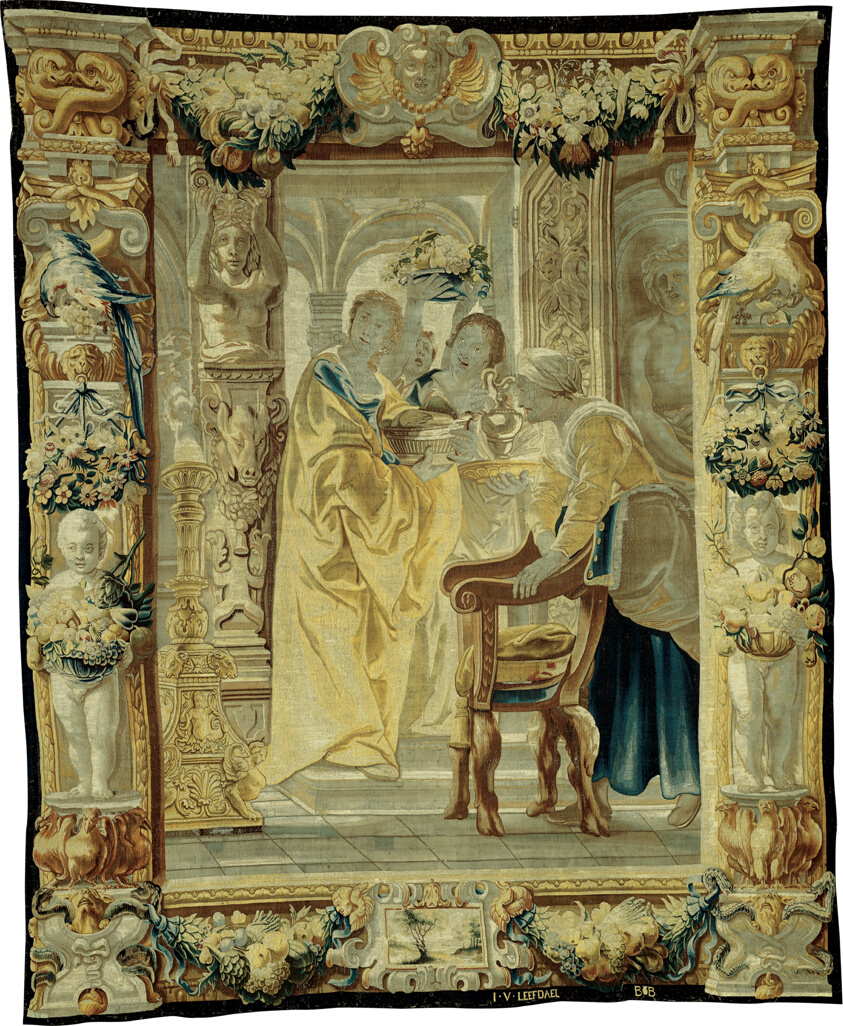 A work made of wool and silk, slit and double interlocking tapestry weave warp: count: 8 warps per cm; wool: s-ply of three z-spun elements; diameter: 0.8–1.0 mm weft: count: varies from 17 to 30 wefts per cm; wool: s-ply of two z-spun elements; diameters: 0.3–1.0 mm; silk: three yarns of s-ply of two z-twisted elements; diameters: 0.6–1.0 mm; wool and silk: paired yarns of s-ply of two z-spun wool elements and s-ply of two z-twisted silk elements; diameters: 0.5–1.2 mm.
