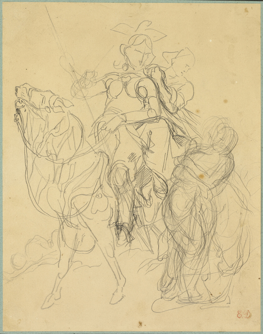 A work made of graphite on tan wove paper, tipped onto board.