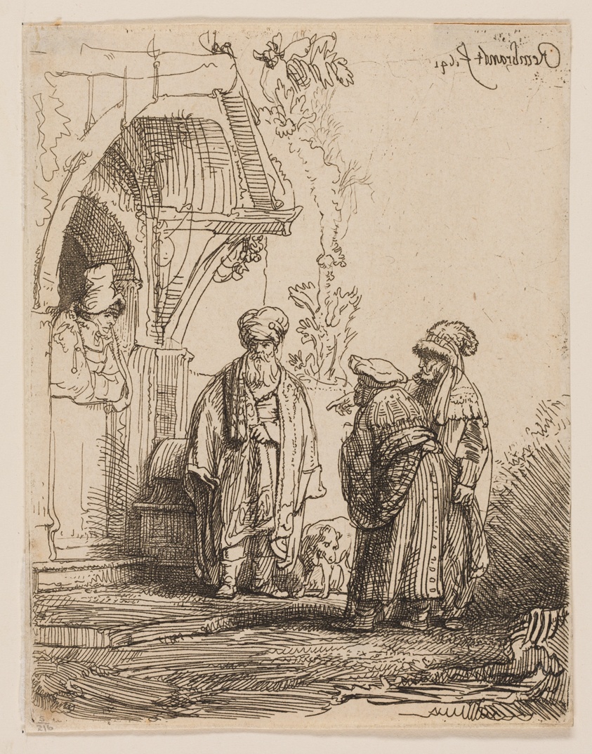 Print in black ink of three bearded men dressed in voluminous cloth hats. A fourth man in a tall cloth hat leans out of a doorway or window in apparent conversation with the others.
