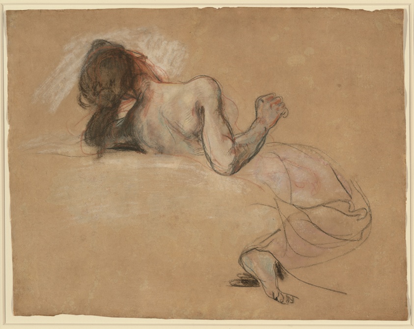 Black, white, red chalk drawing of woman's back.