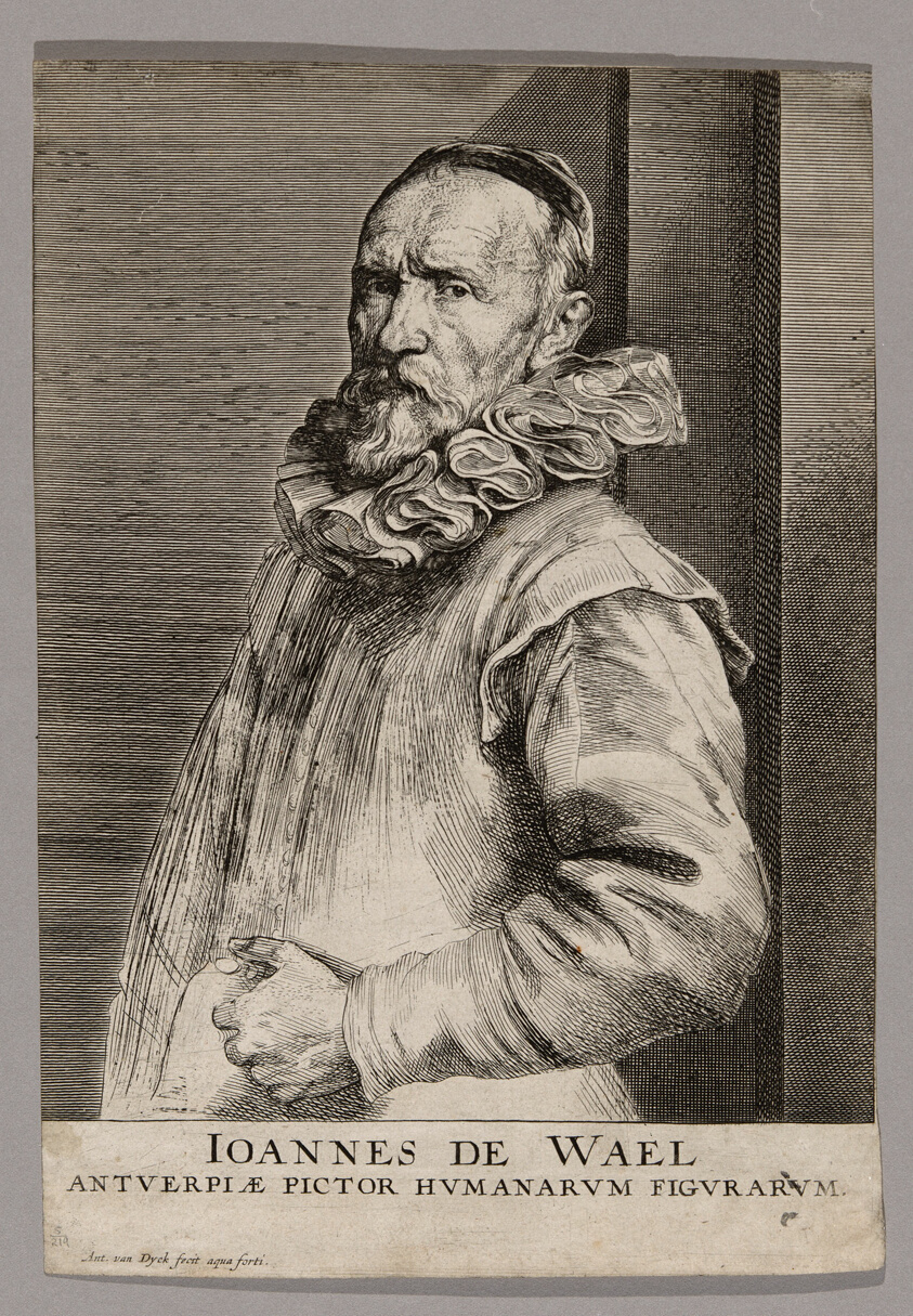 Print in black ink of a light-skinned man with a light-colored beard, wearing a wide ruffled color, his name and occupation inscribed in Latin below him.