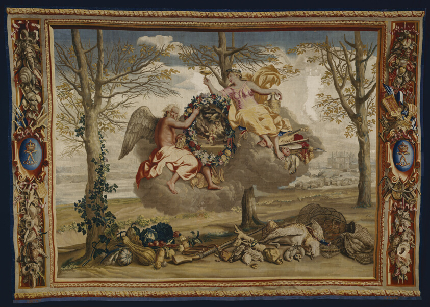 Large tapestry, god and goddess on cloud in forest, surrounded by numerous objects.
