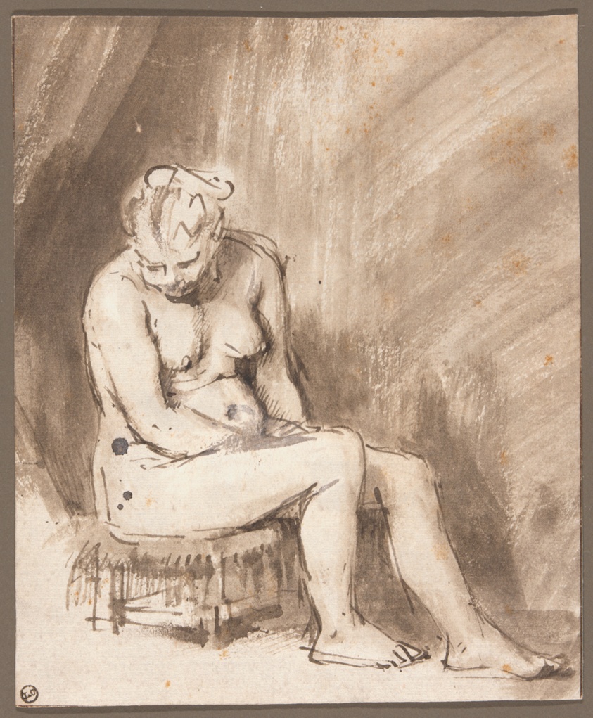 Brown-tone drawing of a nude woman seated on a small stool, looking downward.
