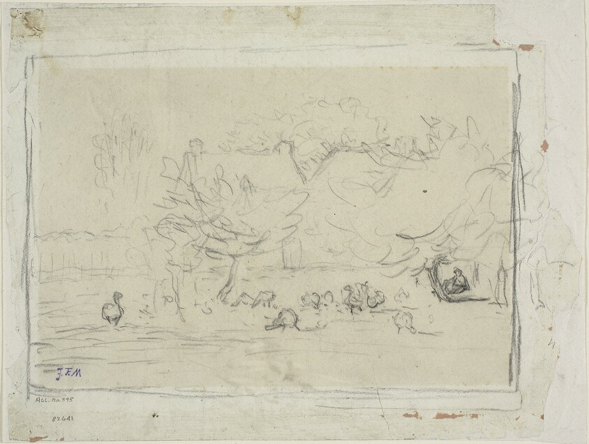 A work made of black crayon, on ivory wove paper (discolored to tan), laid down on white laid paper.