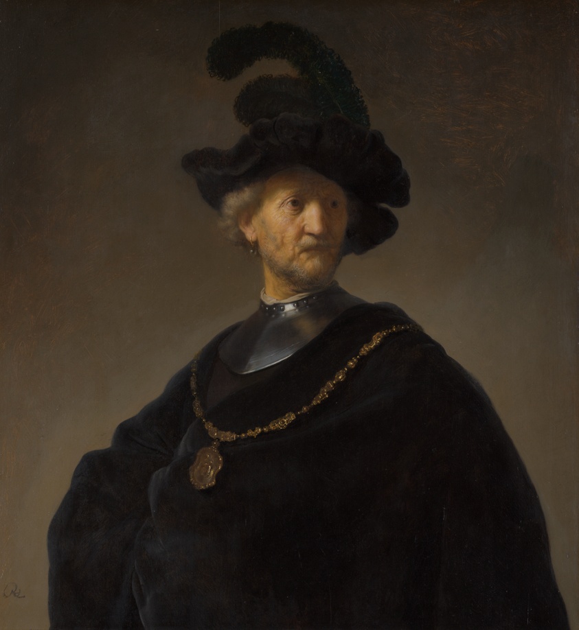 Portrait of man wearing voluminous black cloak, feathered hat, and gold medallion.
