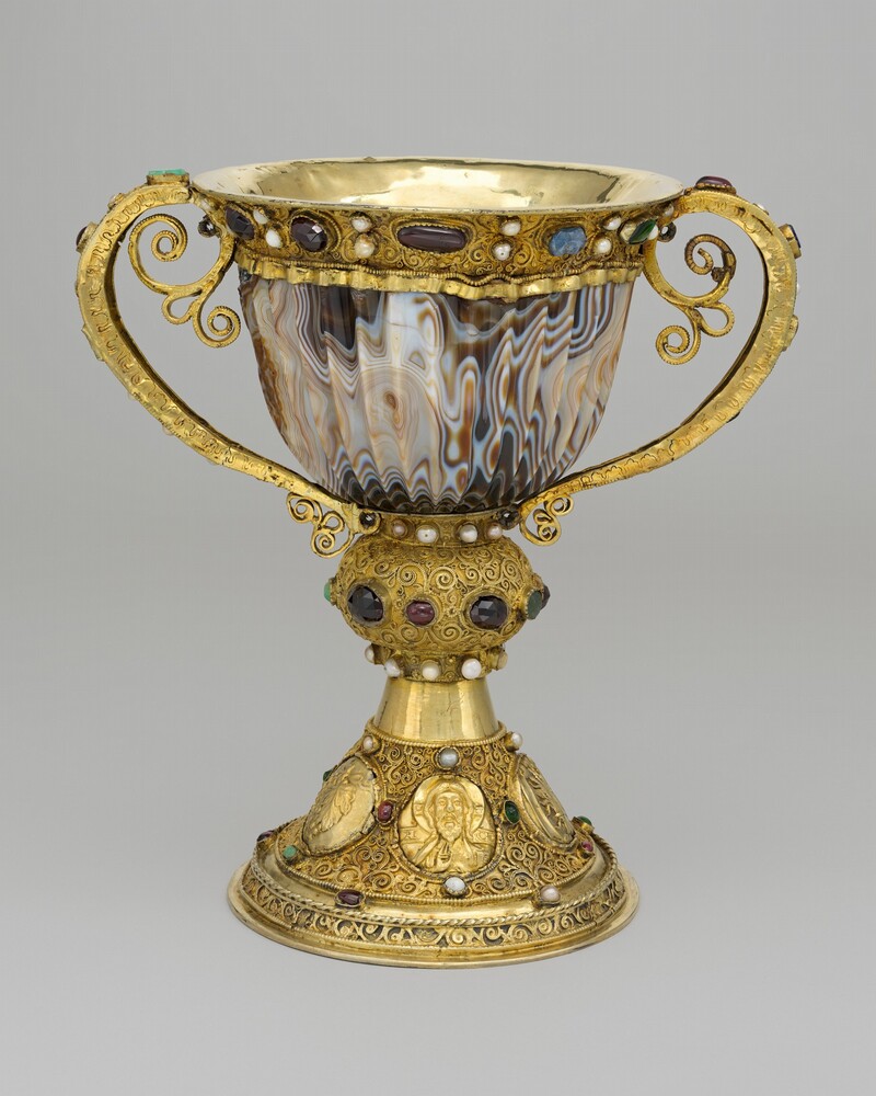 Chalice of the Abbot Suger of Saint-Denis — Decorative Art by French 12th Century (mounting); Alexandrian 2nd/1st Century B.C.(cup). sardonyx cup with heavily gilded silver mounting, adorned with filigrees set with stones, pearls, glass insets, and opaque white glass pearls.