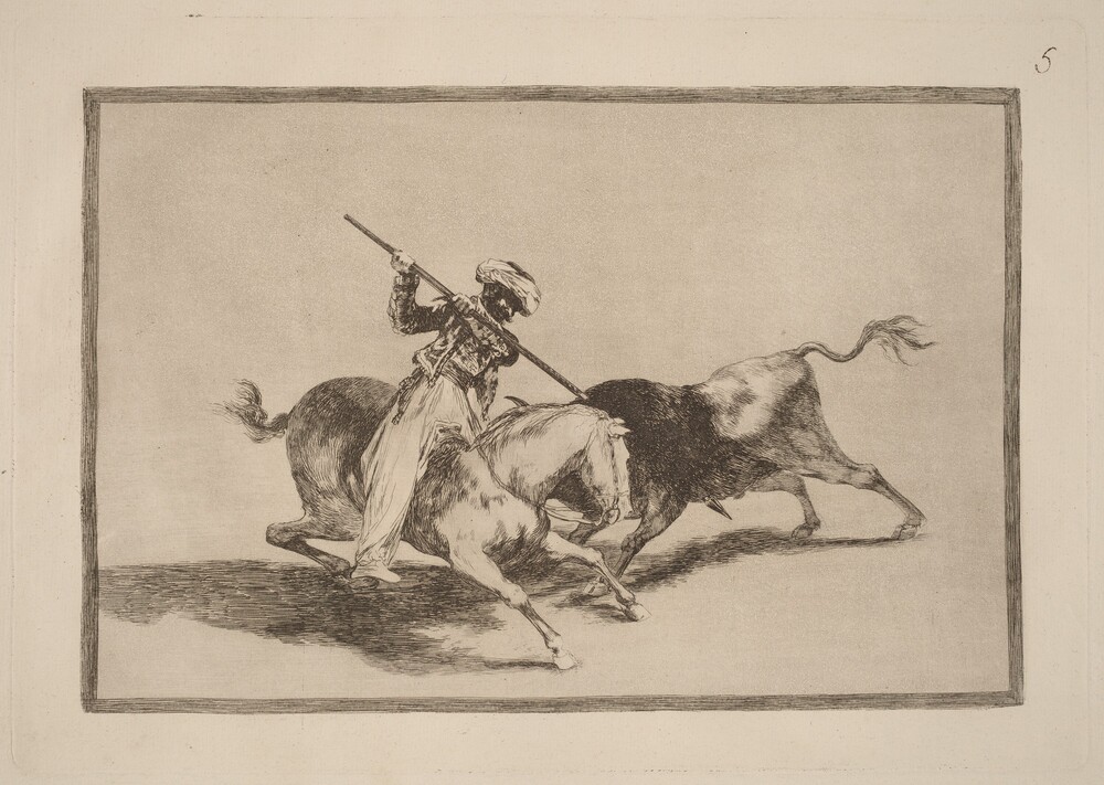El animoso moro Gazul es el primero que lanceo toros en regla (The Spirited Moor Gazul is the First to Spear Bulls According to Rules) — Portfolio by Francisco Goya. etching, burnished aquatint and drypoint [first edition impression].