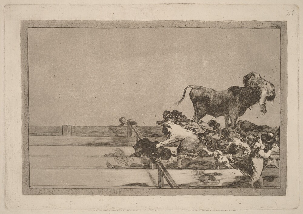 Desgracias acaecidas en el tendido de la plaza de Madrid, y muerte del alcalde de Tor rejon (Dreadful events in the Front Rows of the Ring at Madrid and Death of the Mayor of Torrejon) — Portfolio by Francisco Goya. etching, burnished aquatint, lavis, drypoint and burin [first edition impression].