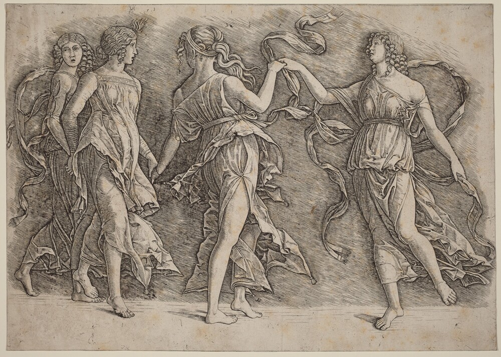 Four Dancing Muses — Print by Workshop of Andrea Mantegna. engraving on laid paper.