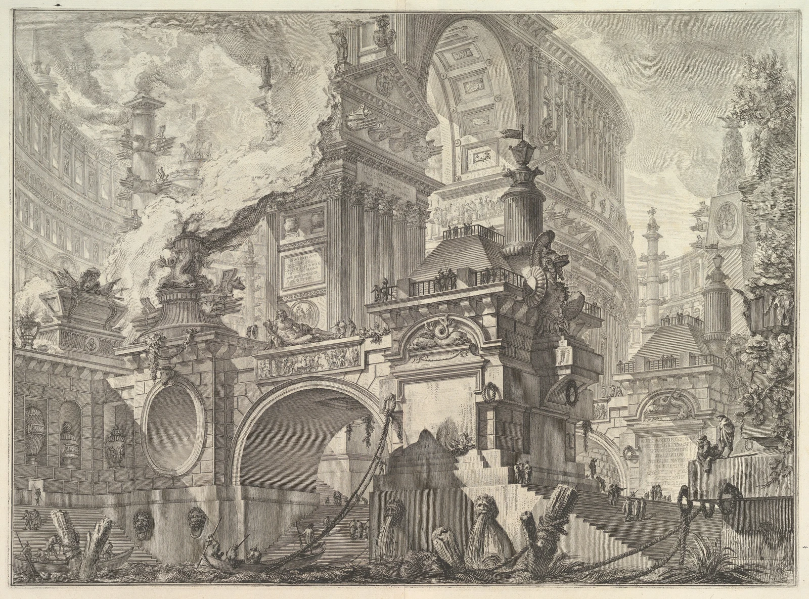 An elaborate imagined harbor unfolds through arches, columns and receding space.