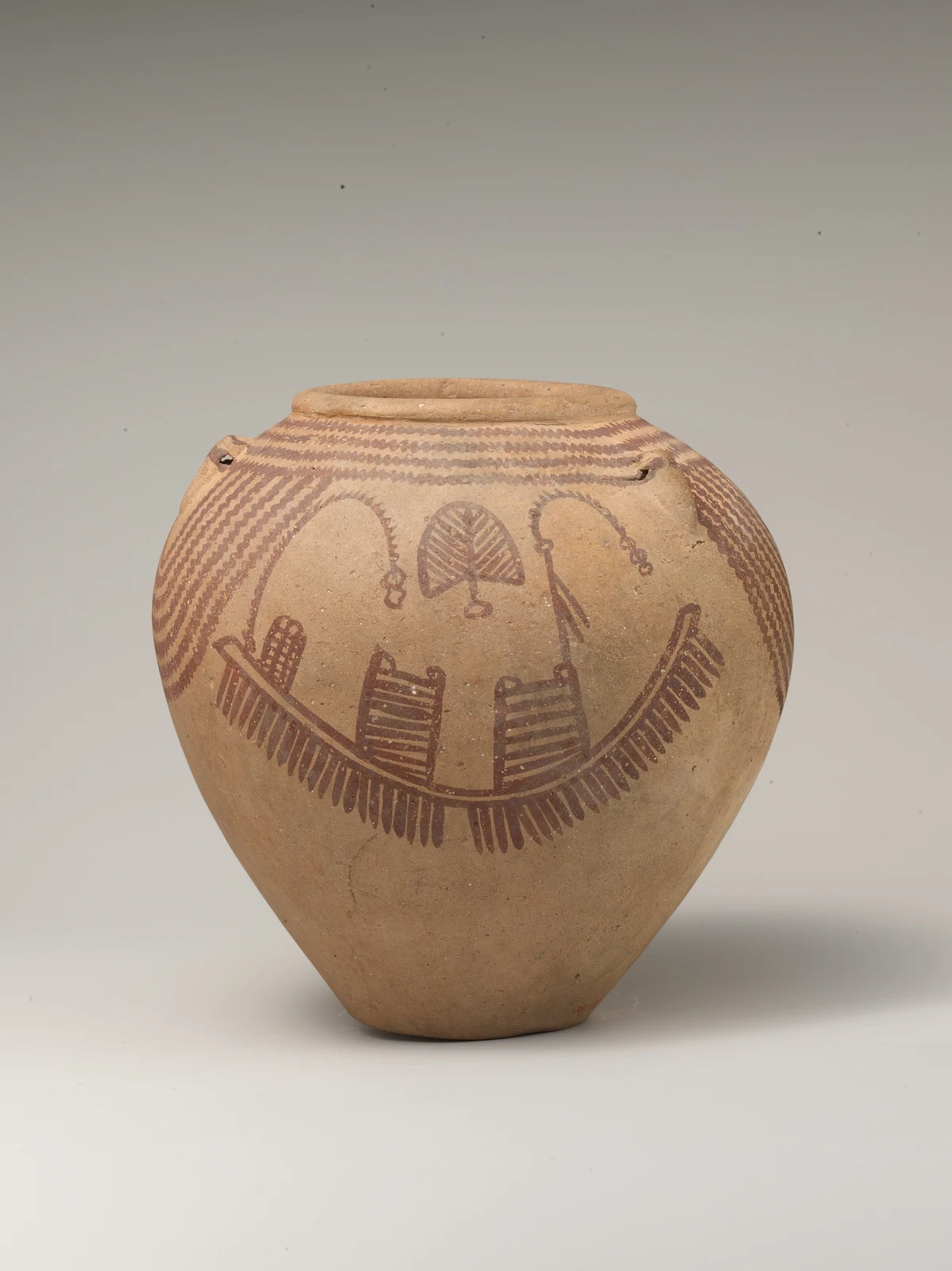 Red-brown boats and repeated marks travel around a pale rounded vessel.