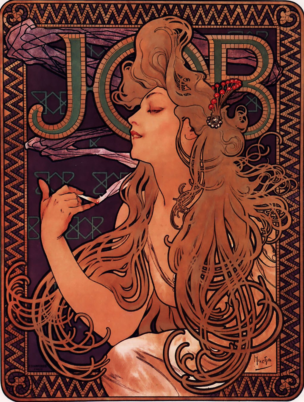 A woman with flowing golden hair holds a cigarette in front of the letters JOB, surrounded by an ornamental border.