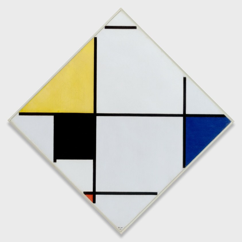 A diamond-shaped white canvas crossed by black horizontal and vertical lines, with small yellow, blue, red and gray areas.