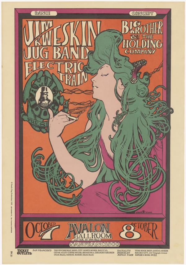 A green-haired figure adapted from Mucha appears on a red concert poster for the Jim Kweskin Jug Band at the Avalon Ballroom.